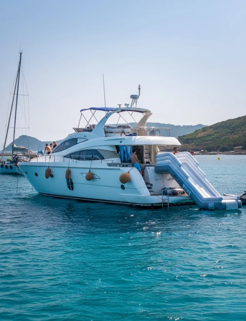 Toboggan gonflable TOBO EXTREM 110 déployé depuis la plage arrière d’un yacht