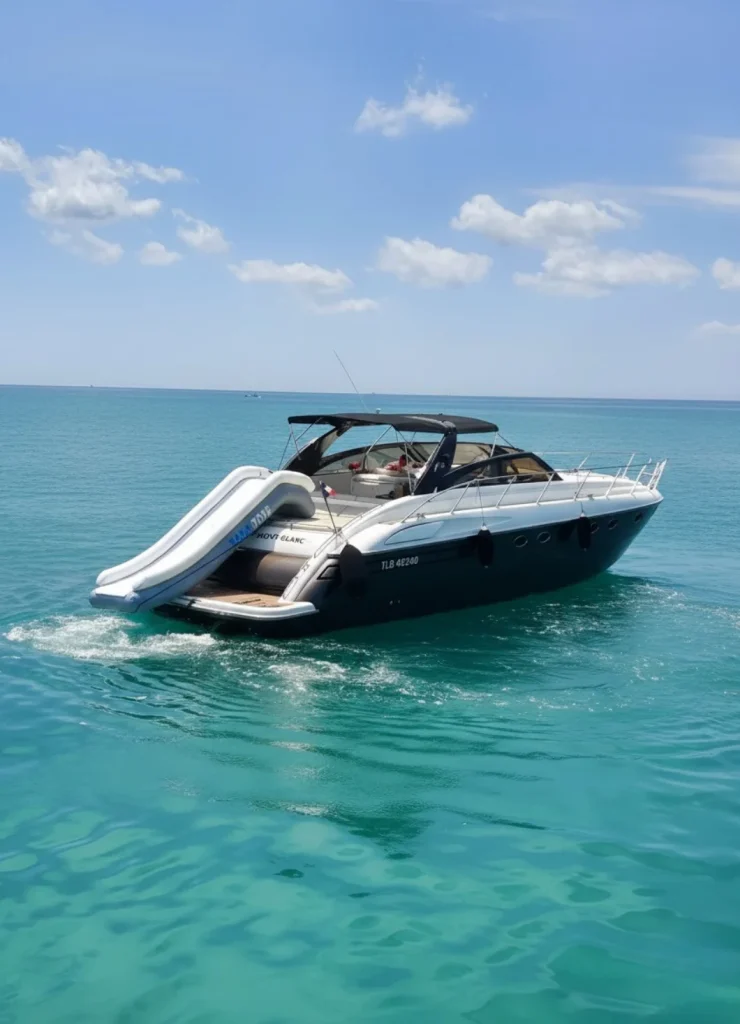 Toboggan gonflable TOBO GLISS 70 déployé depuis la plage arrière d’un yacht