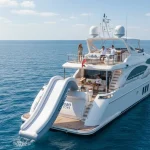 Toboggan gonflable TOBO GLISS 90 déployé depuis la plage arrière d’un yacht