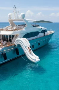 Toboggan gonflable TOBO SPLASH 90+ déployé depuis la plage arrière d’un yacht