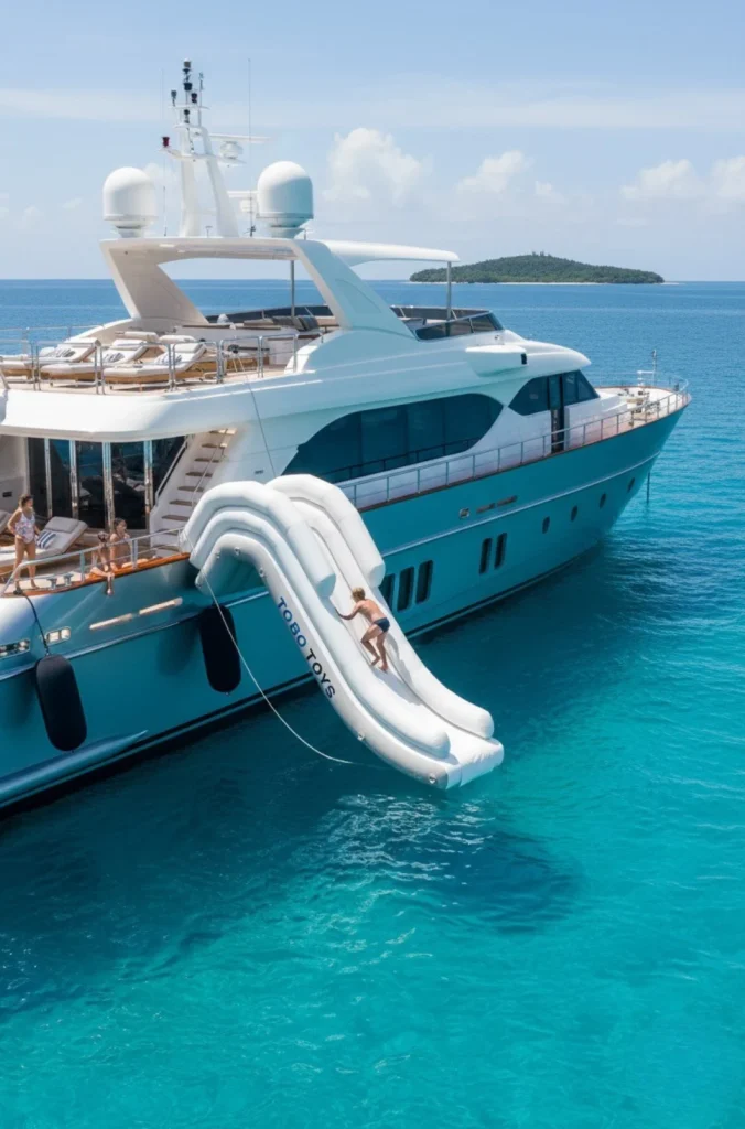 Toboggan gonflable TOBO SPLASH 90+ déployé depuis la plage arrière d’un yacht