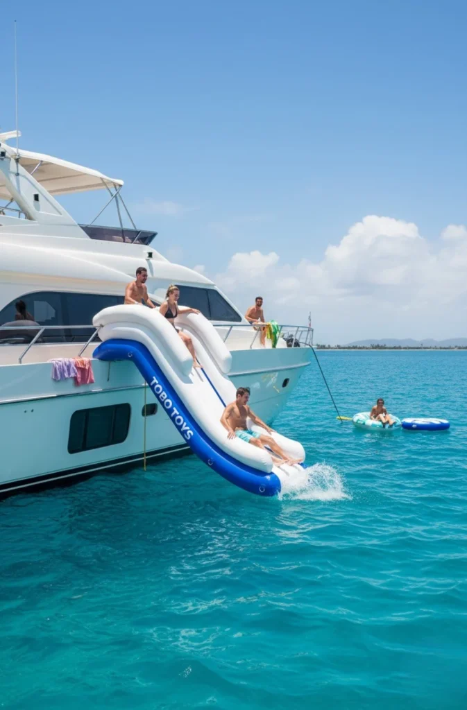 Toboggan gonflable TOBO SPLASH 90 déployé depuis la plage arrière d’un yacht